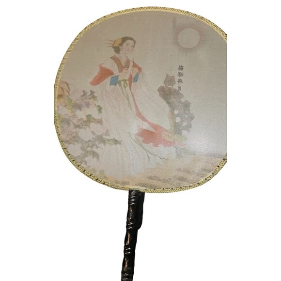 Vintage Fan Silk Hand-Painted Japanese Round Bamboo Handle & Moonlit Lady Design - Picture 6 of 8